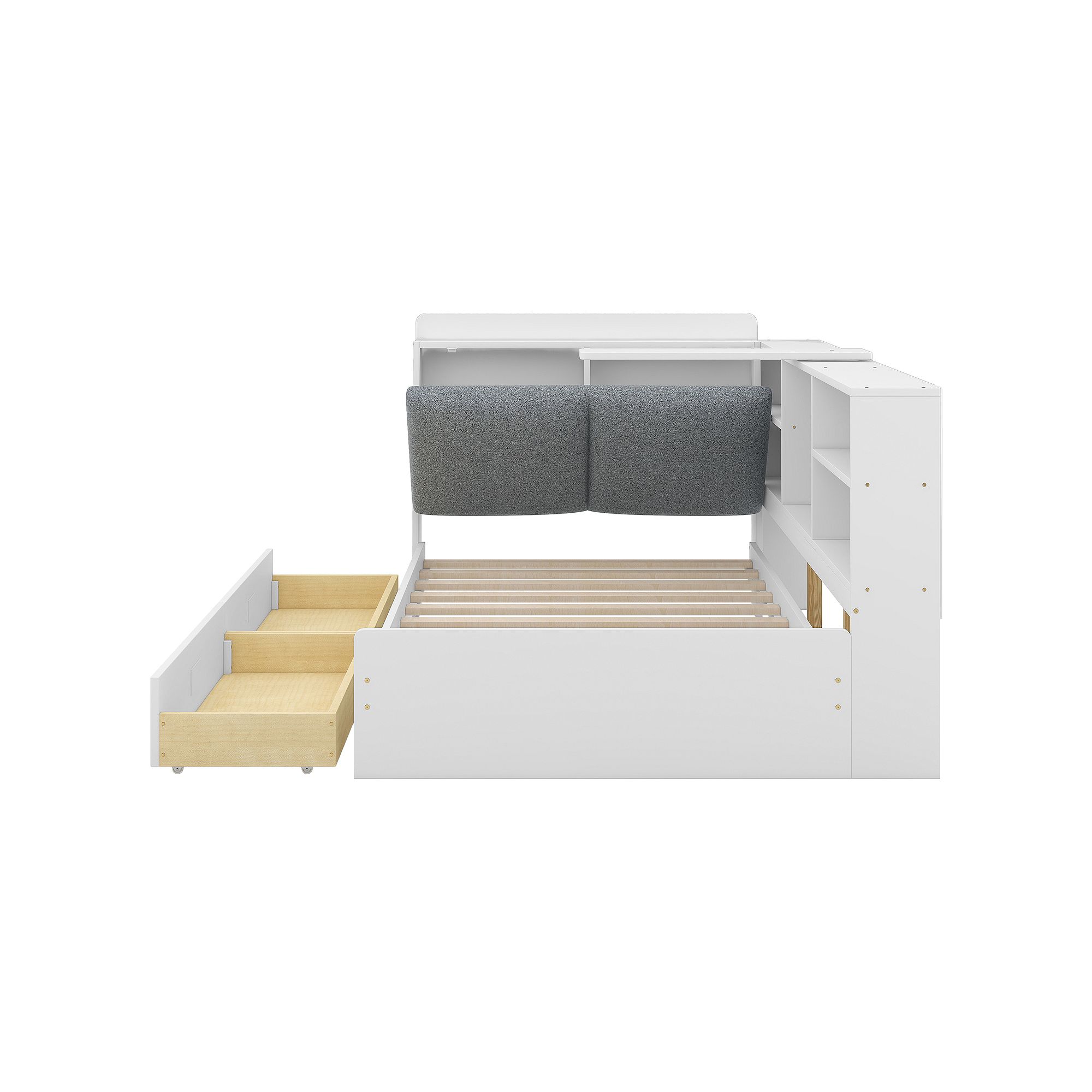 White platform bed with storage headboard, open drawers, and slat base