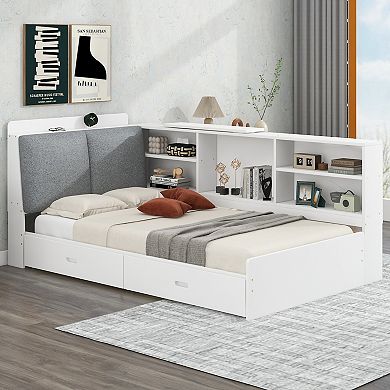 Whisen Wood Platform Bed with Storage Headboard, Shelves and 2 Drawers