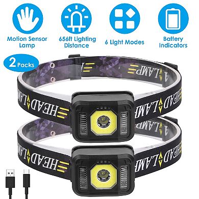 2-Pack Rechargeable Motion Sensor Headlamps, 6-Mode COB XPG LED Head Torches for Camping, Hiking & F