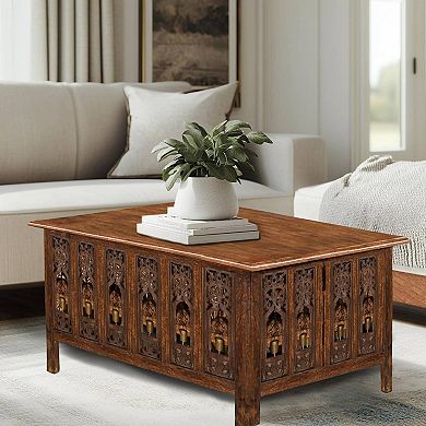 Hand Carved Solid Wood Coffee Table with Foldable Legs Decorative Center Table