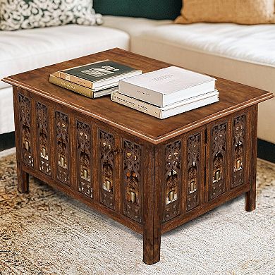Hand Carved Solid Wood Coffee Table with Foldable Legs Decorative Center Table