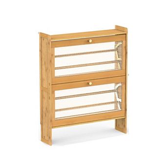 2 tier Shoe Cabinet with Flip Drawers, Slim Freestanding Shoe Organizer