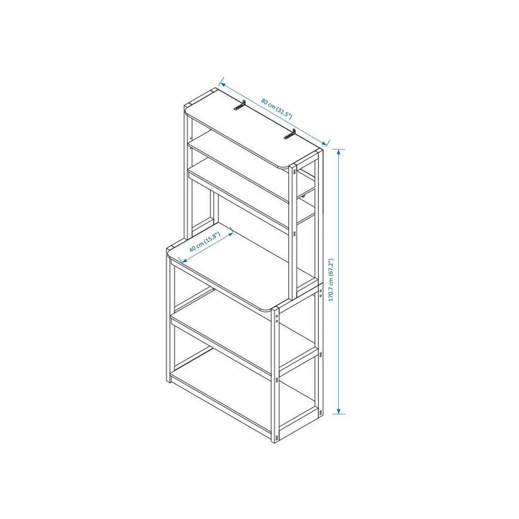 Dimensions diagram for five-tier kitchen storage rack with microwave stand and coffee bar