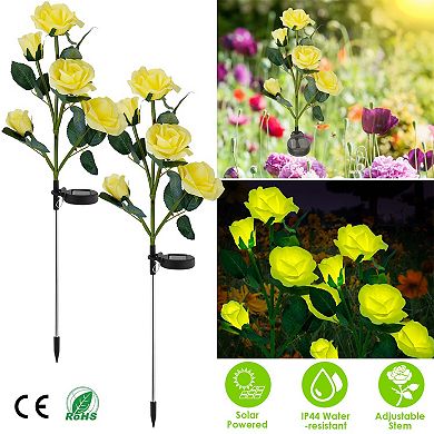 2Pcs Solar Rose Flower Lights, Waterproof LED Decorative Pathway Stake Lamps for Garden & Yard