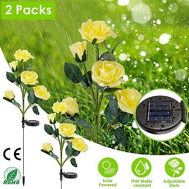 2Pcs Solar Rose Flower Lights, Waterproof LED Decorative Pathway Stake Lamps for Garden & Yard