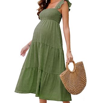Women's Square Neck Sleeveless Maternity Smocked Ruffled Tiered Flowy Midi Dress
