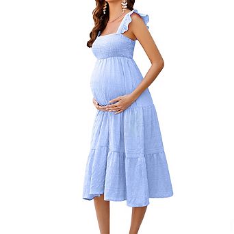 Women's Square Neck Sleeveless Maternity Smocked Ruffled Tiered Flowy Midi Dress