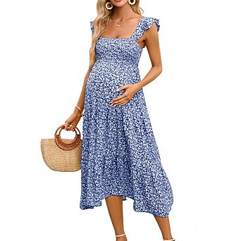 Women's Square Neck Sleeveless Maternity Smocked Ruffled Tiered Flowy Midi Dress