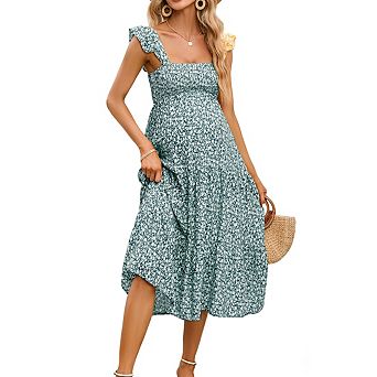 Women's Square Neck Sleeveless Maternity Smocked Ruffled Tiered Flowy Midi Dress