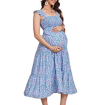 Women's Square Neck Sleeveless Maternity Smocked Ruffled Tiered Flowy Midi Dress