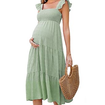 Women's Square Neck Sleeveless Maternity Smocked Ruffled Tiered Flowy Midi Dress