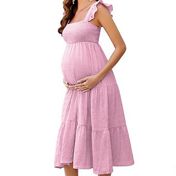 Women's Square Neck Sleeveless Maternity Smocked Ruffled Tiered Flowy Midi Dress