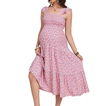 Women's Square Neck Sleeveless Maternity Smocked Ruffled Tiered Flowy Midi Dress