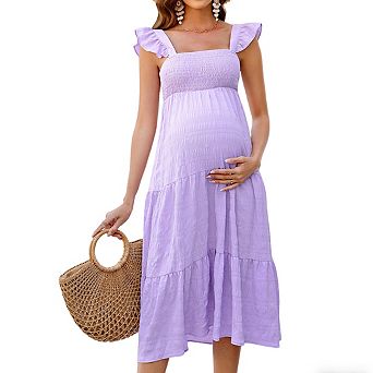 Women's Square Neck Sleeveless Maternity Smocked Ruffled Tiered Flowy Midi Dress