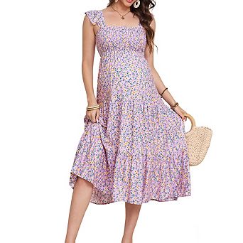 Women's Square Neck Sleeveless Maternity Smocked Ruffled Tiered Flowy Midi Dress