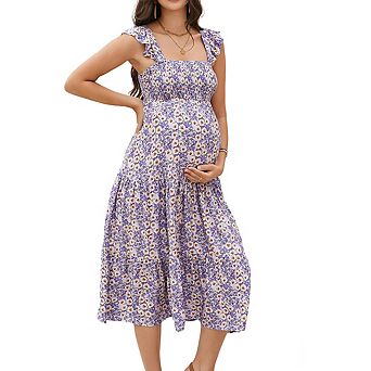 Women's Square Neck Sleeveless Maternity Smocked Ruffled Tiered Flowy Midi Dress