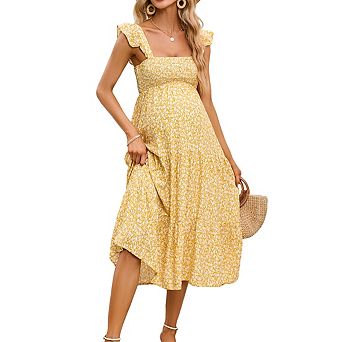 Women's Square Neck Sleeveless Maternity Smocked Ruffled Tiered Flowy Midi Dress