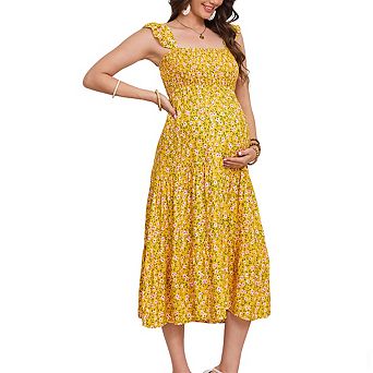 Women's Square Neck Sleeveless Maternity Smocked Ruffled Tiered Flowy Midi Dress