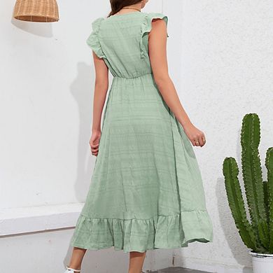 Women's V Neck Sleeveless Ruffled Maternity Midi Dress with Flowy Tiered Ruffle Hem