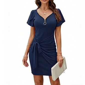 Women's Zipper Front Bodycon Dress Short Sleeve Tie Waist Slim Fit Party Cocktail Dress