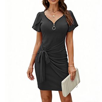 Women's Zipper Front Bodycon Dress Short Sleeve Tie Waist Slim Fit Party Cocktail Dress