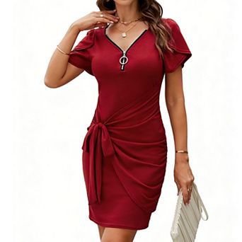 Women's Zipper Front Bodycon Dress Short Sleeve Tie Waist Slim Fit Party Cocktail Dress