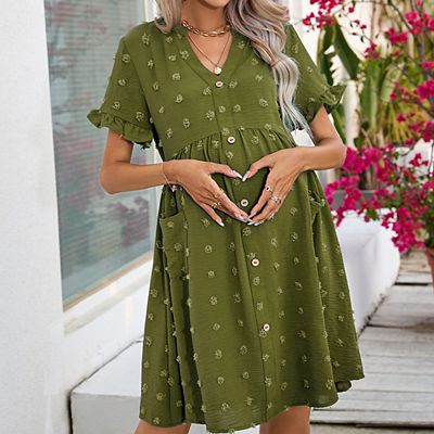 short flowy maternity dress Women's V Neck Short Ruffled Sleeve Maternity Button Front Pockets Flowy Dress