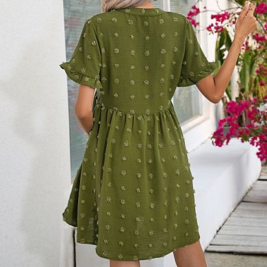 Women's V Neck Short Ruffled Sleeve Maternity Button Front Pockets Flowy Dress
