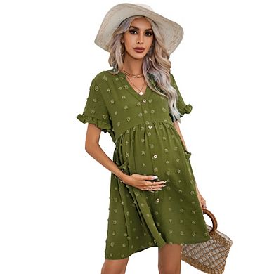 Women's V Neck Short Ruffled Sleeve Maternity Button Front Pockets Flowy Dress