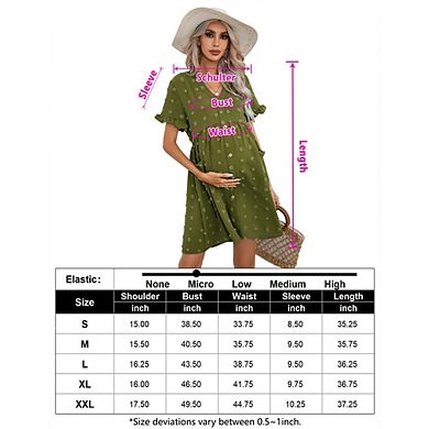 Women's V Neck Short Ruffled Sleeve Maternity Button Front Pockets Flowy Dress