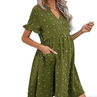 Women's V Neck Short Ruffled Sleeve Maternity Button Front Pockets Flowy Dress