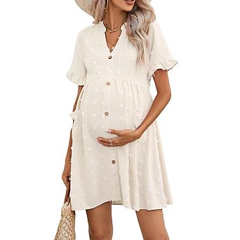 Women's V Neck Short Ruffled Sleeve Maternity Button Front Pockets Flowy Dress