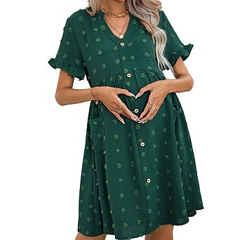 Women's V Neck Short Ruffled Sleeve Maternity Button Front Pockets Flowy Dress