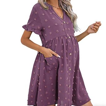 Women's V Neck Short Ruffled Sleeve Maternity Button Front Pockets Flowy Dress