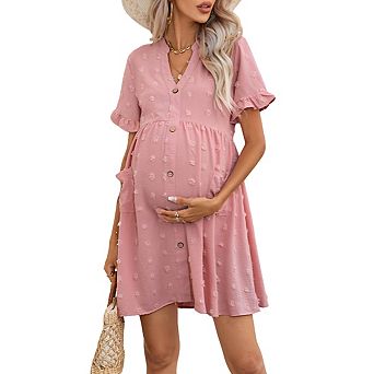 Women's V Neck Short Ruffled Sleeve Maternity Button Front Pockets Flowy Dress