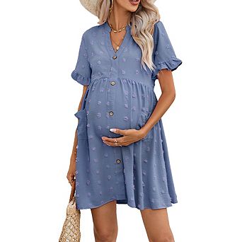 Women's V Neck Short Ruffled Sleeve Maternity Button Front Pockets Flowy Dress