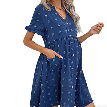Women's V Neck Short Ruffled Sleeve Maternity Button Front Pockets Flowy Dress