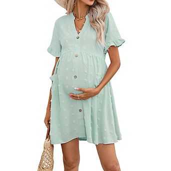 Women's V Neck Short Ruffled Sleeve Maternity Button Front Pockets Flowy Dress