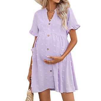 Women's V Neck Short Ruffled Sleeve Maternity Button Front Pockets Flowy Dress