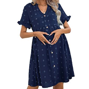 Women's V Neck Short Ruffled Sleeve Maternity Button Front Pockets Flowy Dress