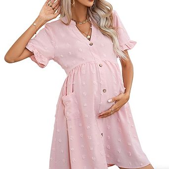 Women's V Neck Short Ruffled Sleeve Maternity Button Front Pockets Flowy Dress