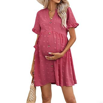 Women's V Neck Short Ruffled Sleeve Maternity Button Front Pockets Flowy Dress