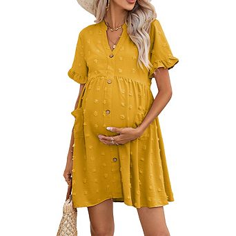 Women's V Neck Short Ruffled Sleeve Maternity Button Front Pockets Flowy Dress
