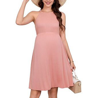 Women's Summer Maternity Dress Casual Halter Neck Sleeveless Midi Dress for Photoshoot Baby Shower