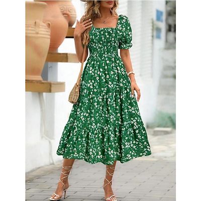 green floral square neck midi dress Mac Duggal - Green Ruffle Floral Square Neck Midi Dress main image 1