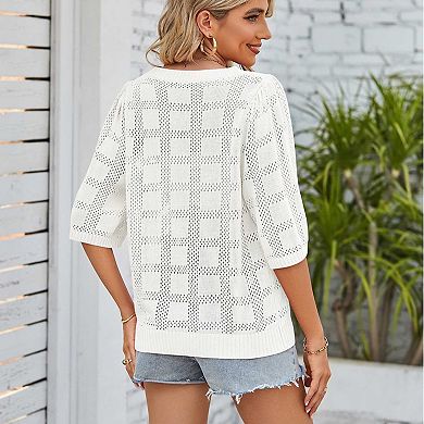 Women's White Knit Mesh Cover Up, Round Neck Half Sleeve Openwork Sun Protection Sweater