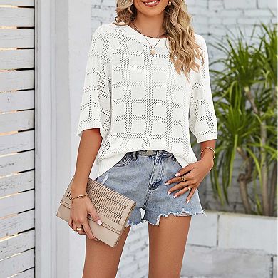 Women's White Knit Mesh Cover Up, Round Neck Half Sleeve Openwork Sun Protection Sweater