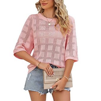 Women's White Knit Mesh Cover Up, Round Neck Half Sleeve Openwork Sun Protection Sweater