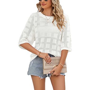 Women's White Knit Mesh Cover Up, Round Neck Half Sleeve Openwork Sun Protection Sweater