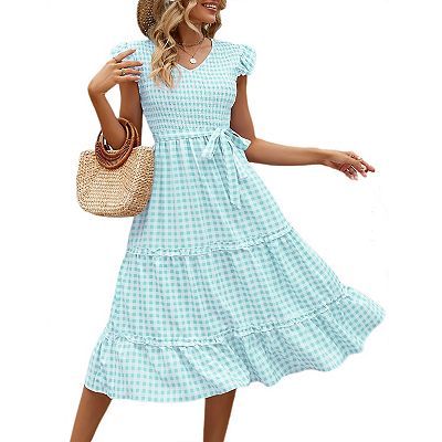 Women's V Neck Smocked Midi Dress Casual Summer Ruffle Sleeve Flowy Tiered Maxi  Dresses